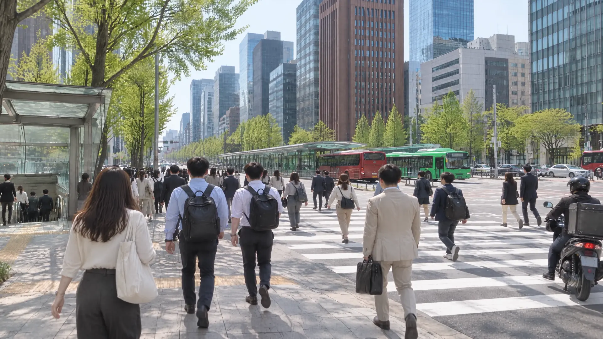 브랜드 영상 장면: 아침 출근길 횡단보도를 건너는 사람들