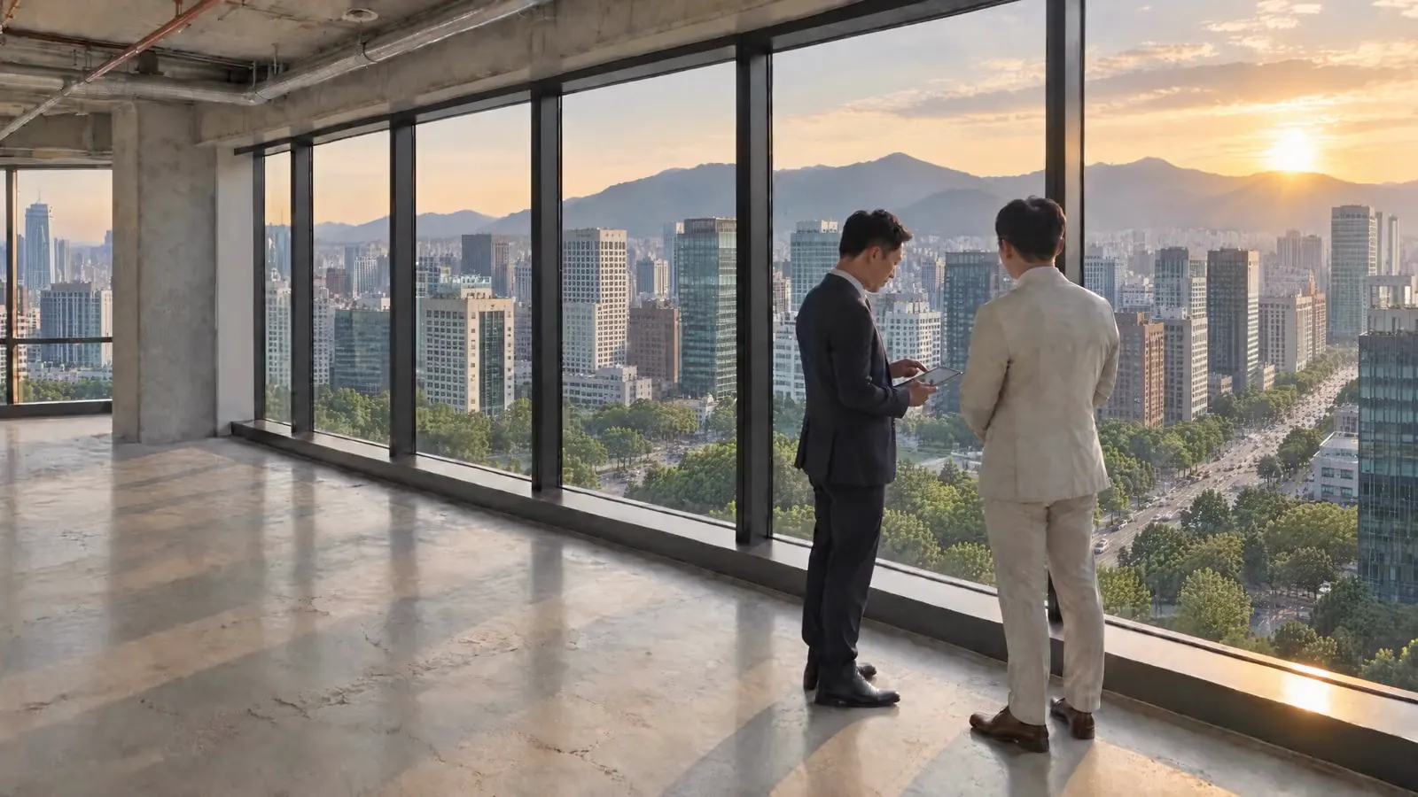 브랜드 영상 장면: 해 질 녘 빈 사무실 창가에서 두 사람이 태블릿을 보며 창밖을 가리키는 모습