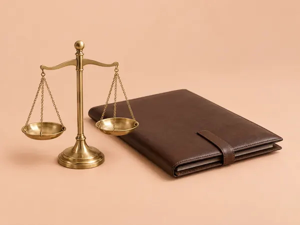 연출 이미지: 황동 저울과 닫힌 가죽 서류철